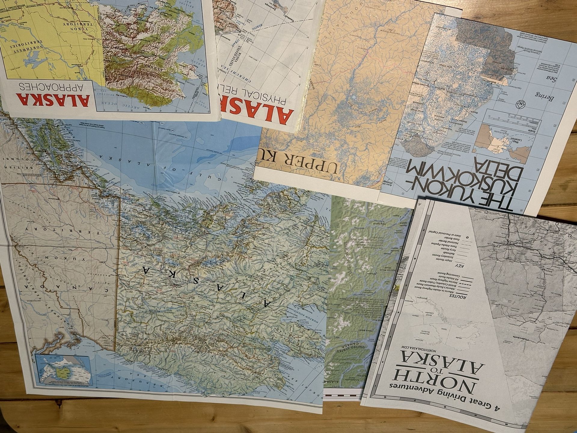 * 7x Large Old ALASKA MAPS  * Yukon * Upper Kudkokwim * Alaska/Aleutian Islands/Basin  * Alaska from US/Canada Surrounds Map  * Alaska Physical Relief