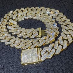 Fully Iced Out Moissanite, Gold Cuban Chain 