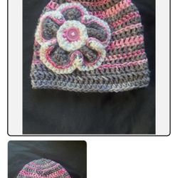 Pink Multi colored flower accented crochet young child hat