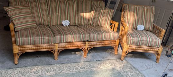 Rattan Sofa and Chair Set with Striped Cushions