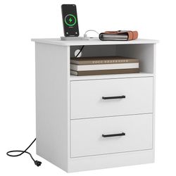 White Nightstand with Charging Station,Modern Night Stand with 2 Drawers and Open Shelf,Bedisde Table with Storage for Bedroom, End Side Table for Liv