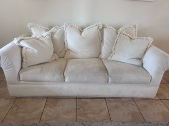 NEED GONE: Cream Rolled Arm Sofa with Fringe Pillows