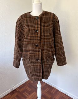 Brown Houndstooth Wool Blend Coat