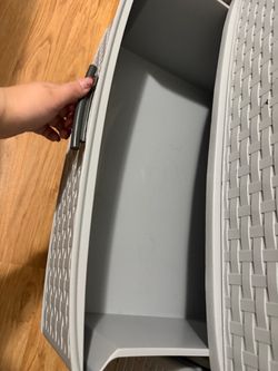 Gray Plastic Wicker-Style Storage Bin with Lid