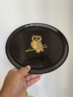 COUROC Serving Tray Plate - OWL - Brass & Wood Inlay - MCM - 10 3/8" dia.