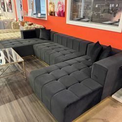 Montecito Black Velvet Double Chaise "U" Shape Sectional Sofa