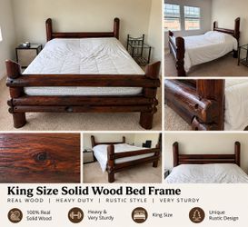 King Size Solid Wood Log Bed Frame – Heavy Duty Rustic Bed