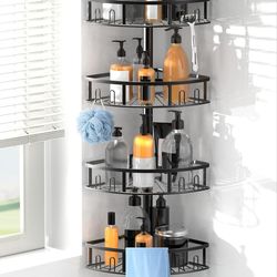 4-Tier Rustproof Corner Shower Caddy with Tension Pole, 42-115 Inch Adjustable Height Shower Organizer, Shower Shelves with Hooks, Freestanding Bathro