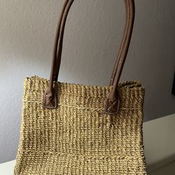 Straw Tote Handbag Purse Leather Handles
