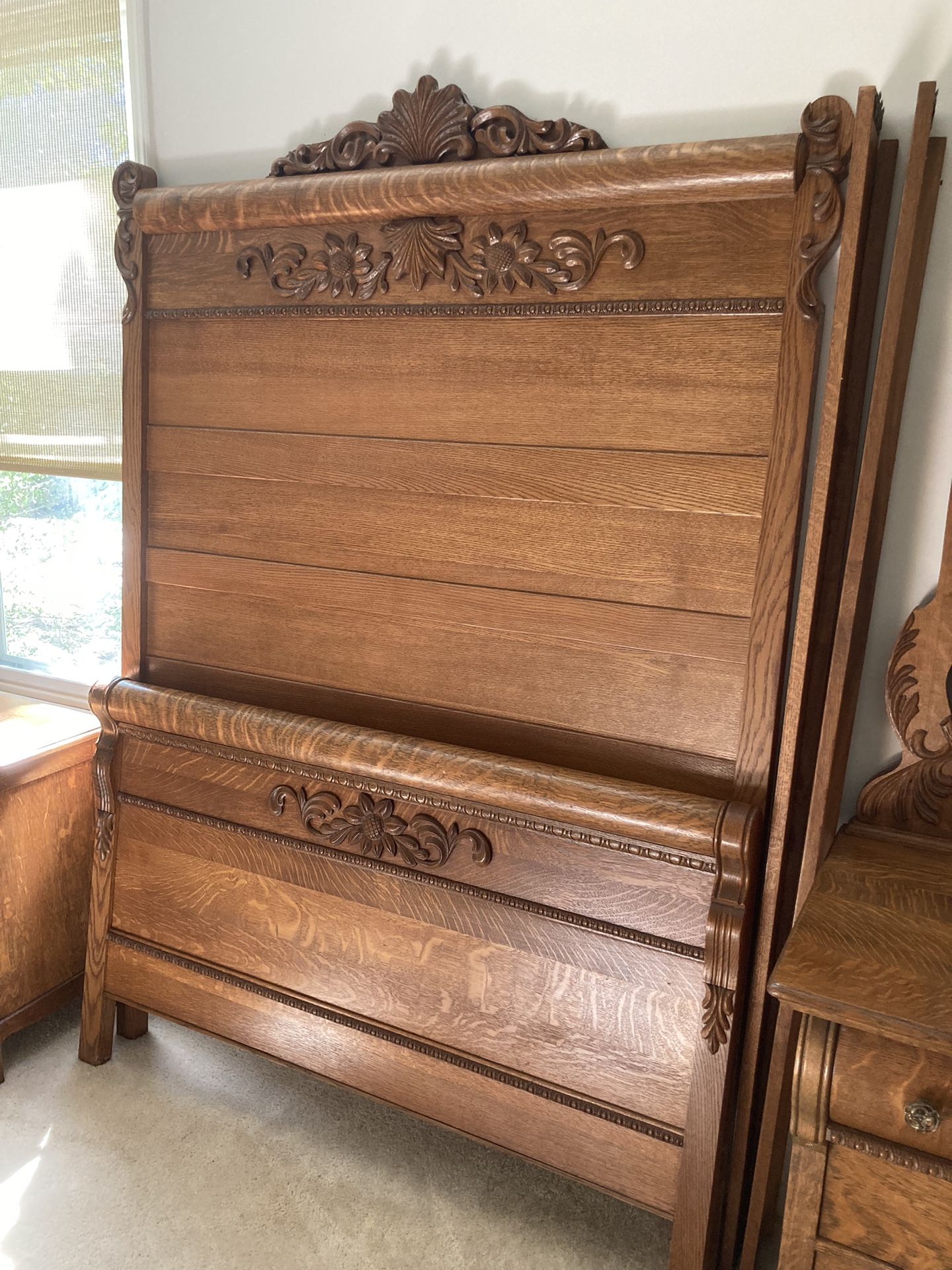 Antique Oak High Back Bed, Dresser & Side Tables