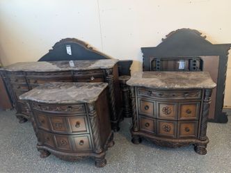 Cal King Bed set Traditional Carved Wood Bedroom Set with Marble Tops