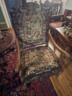 Magnificent Antique French Highly Carved Throne Chair With Scenic Hand Crafted Needle Point Design! Circa 1880's! Excellent Condition! 