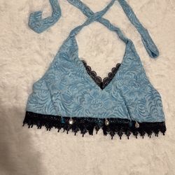 New xl blue lace crop top halter shirt festival rave iheartraves blouse boho
