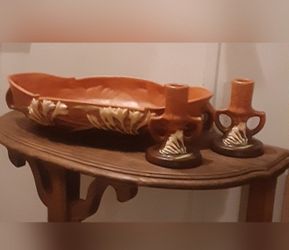Vintage ROSEVILLE POTTERY FREESIA CONSOLE BOWL & CANDLE HOLDERS ~ SIENNA c1945