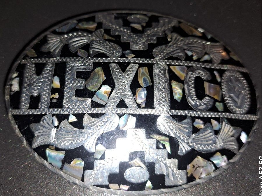 Beautiful Silver Black Mother Of Pearl Belt Buckle Mexico