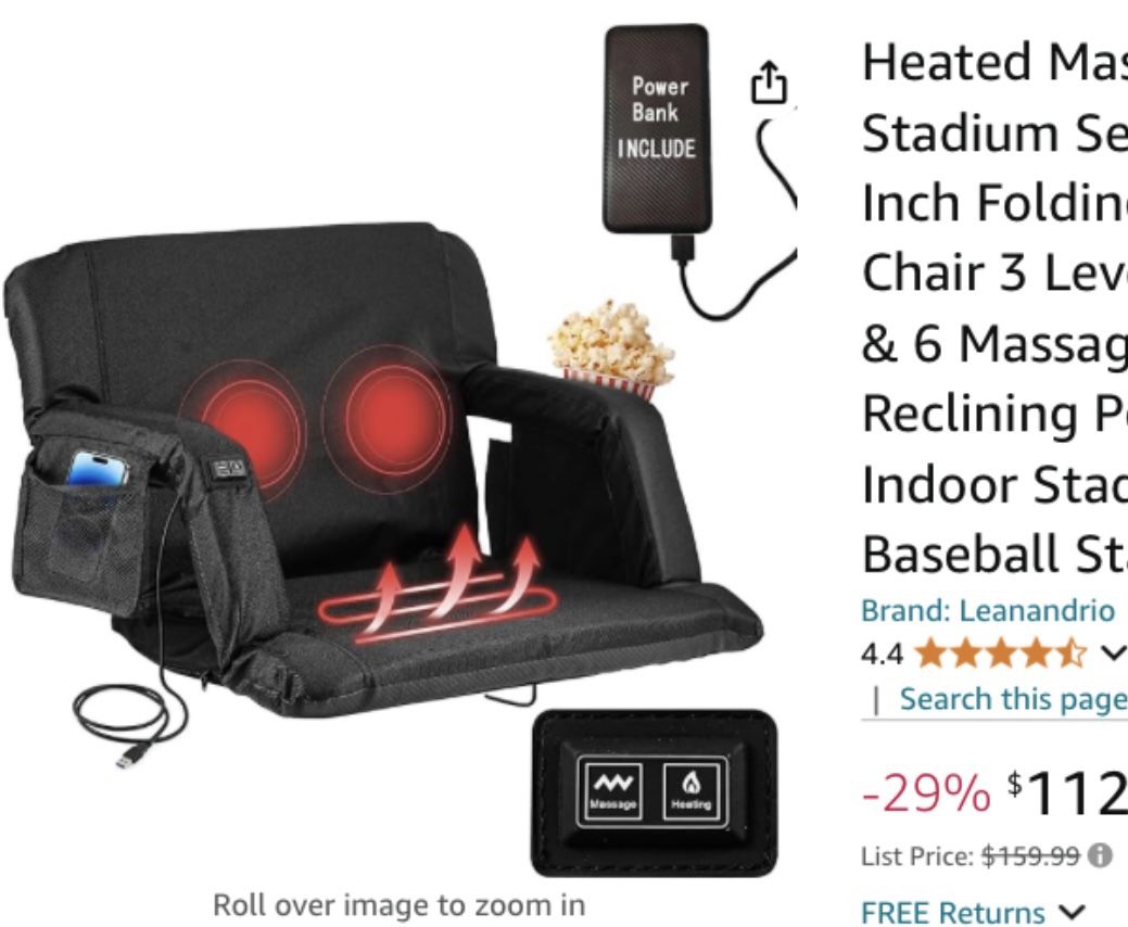 Brand New Heated Massage Stadium Seats, 25 Inch Folding Bleacher Chair 3 Levels of Heat & 6 Massage, 6 Reclining Positions for Indoor Stadiums, Baseba
