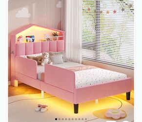 Pink Kids Twin Bed Frame with LED Lights