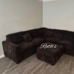 Brand New‼️4-Pc Fur-Like Jumbo Corduroy Sectional Sofa With Ottoman (Available In Black And Brown)