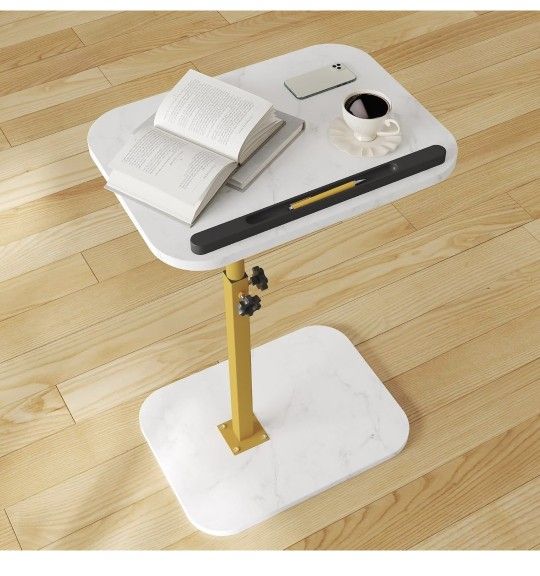 iabifo Side Table Sofa Tv Tray Height Adjustable C Shaped End Table 360° Swivel Overbed Living Room Couch Table, Marble