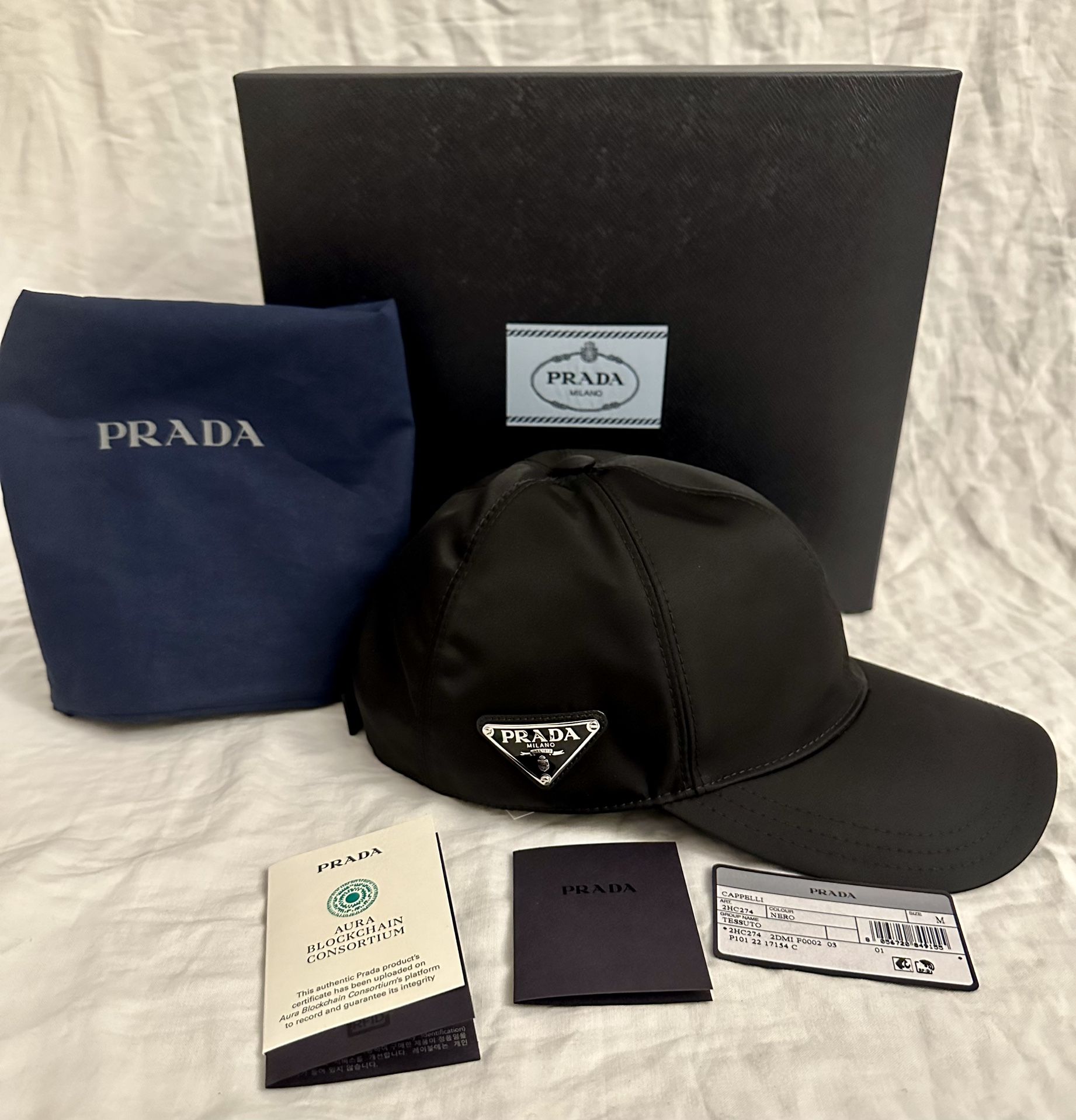 PRADA Cappelli -HAT-BLACK Tessuto-NYLON--NEW Size S New With Tags Prada Black Baseball Cap With White Lettering  main image 2