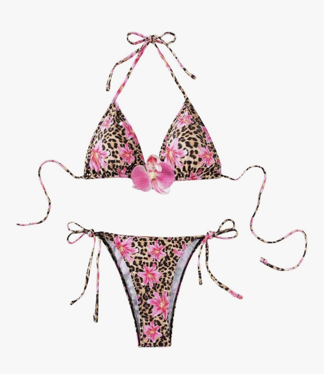 NEW MakeMeChic 2 Piece Leopard Print Floral Halter Triangle Tie Bikini Medium