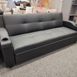 Marcelo Exposed Feet With Faux Wood Elegant Lounger // Sleeper Bed Sofa🌲$10 Down Payment Finance 👍🏼New 