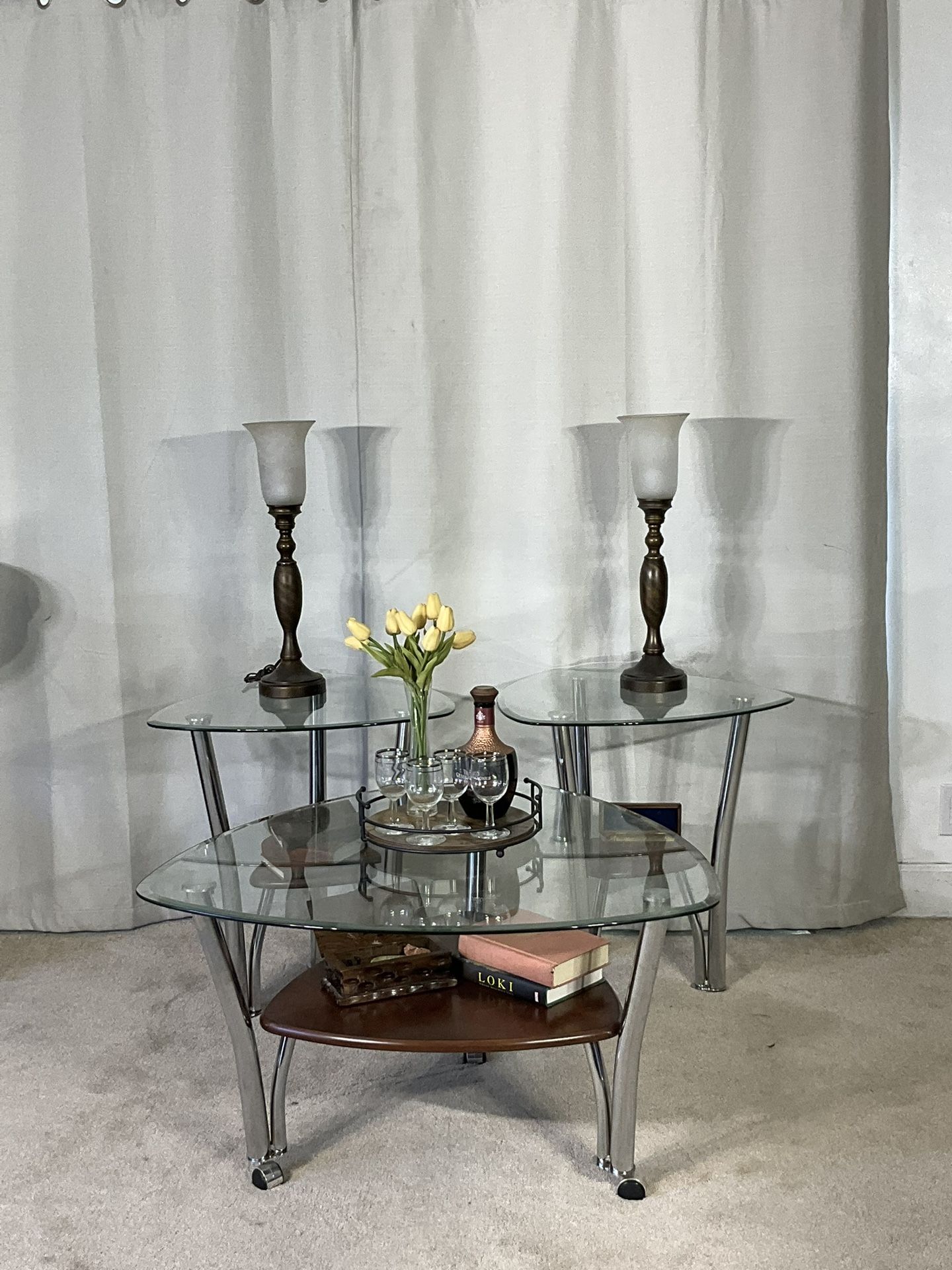 Glass Chrome Wood Coffee Table Set Of ASHLEY FURNITURE