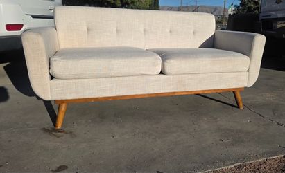 White Cream Beige Modern Mid Century Modern Style Love Seat Sofa Chair with light Brown Wooden Legs Used Good Condition Light Weight