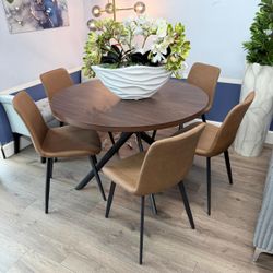 Cognac Dining Set Round 48" Wood Table 6 Leather Chairs  Set 7 Pcs