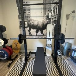 ROGUE Squat Rack, Bar, Bench, Plates & Caddy - Full Home Gym
