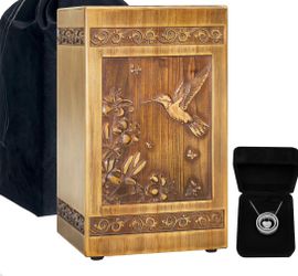Wooden Hand Carved Cremation Urn Box w/ Hummingbirds Carved