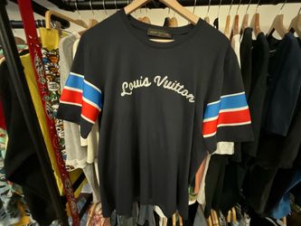 Louis Vuitton Navy Blue T-Shirt Red Blue Sleeve Stripe Embroidered Logo Cotton Tee Size XL
