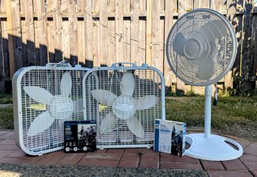 Three Lasko Fans (2 Box Fans, One Pedestal Fan)