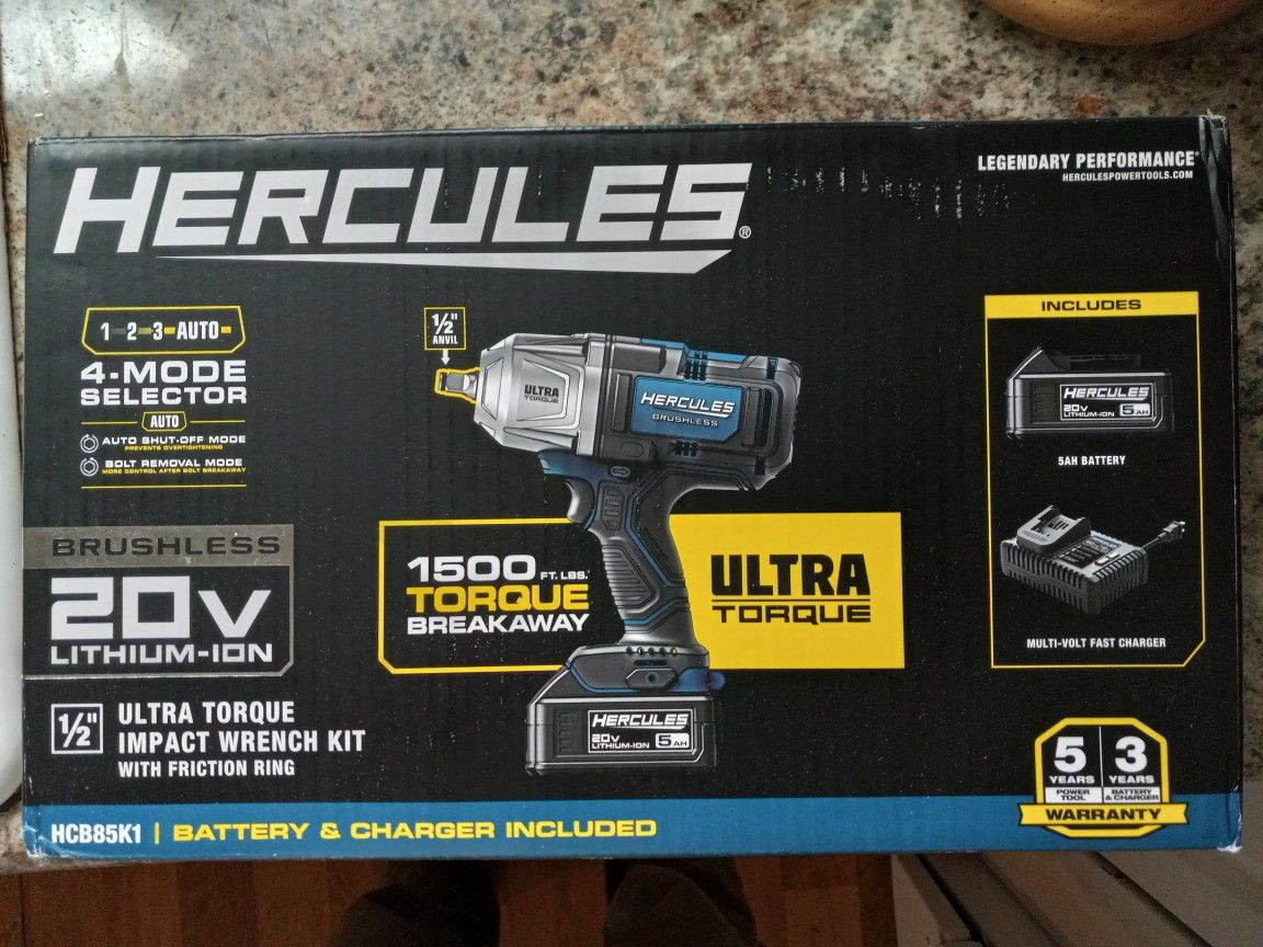 Hercules 20 Volt Ultra Torque 1500 Ft Lb Half Inch Drive Impact Wrench Kit Complete