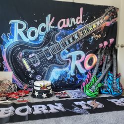 Rock and Roll Party Decor Bundle w Inflatable Guitars & cake!