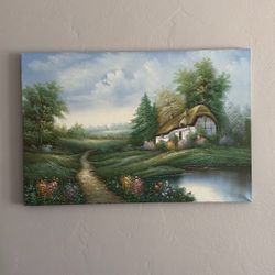 Canvas Landscape Painting Of A Cottage And Lake
