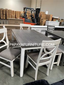New! 6pcs White Rustic Dining Set, Dinette Set, Kitchen Table And Chairs, Table, Chairs, Bench, Casual Dining Set, Rectangular Dining Table, Dining Ro