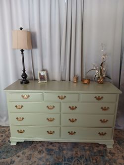 Beautiful solid wood cherry triple dresser repurposed in Sage Green, 60x20x35tall