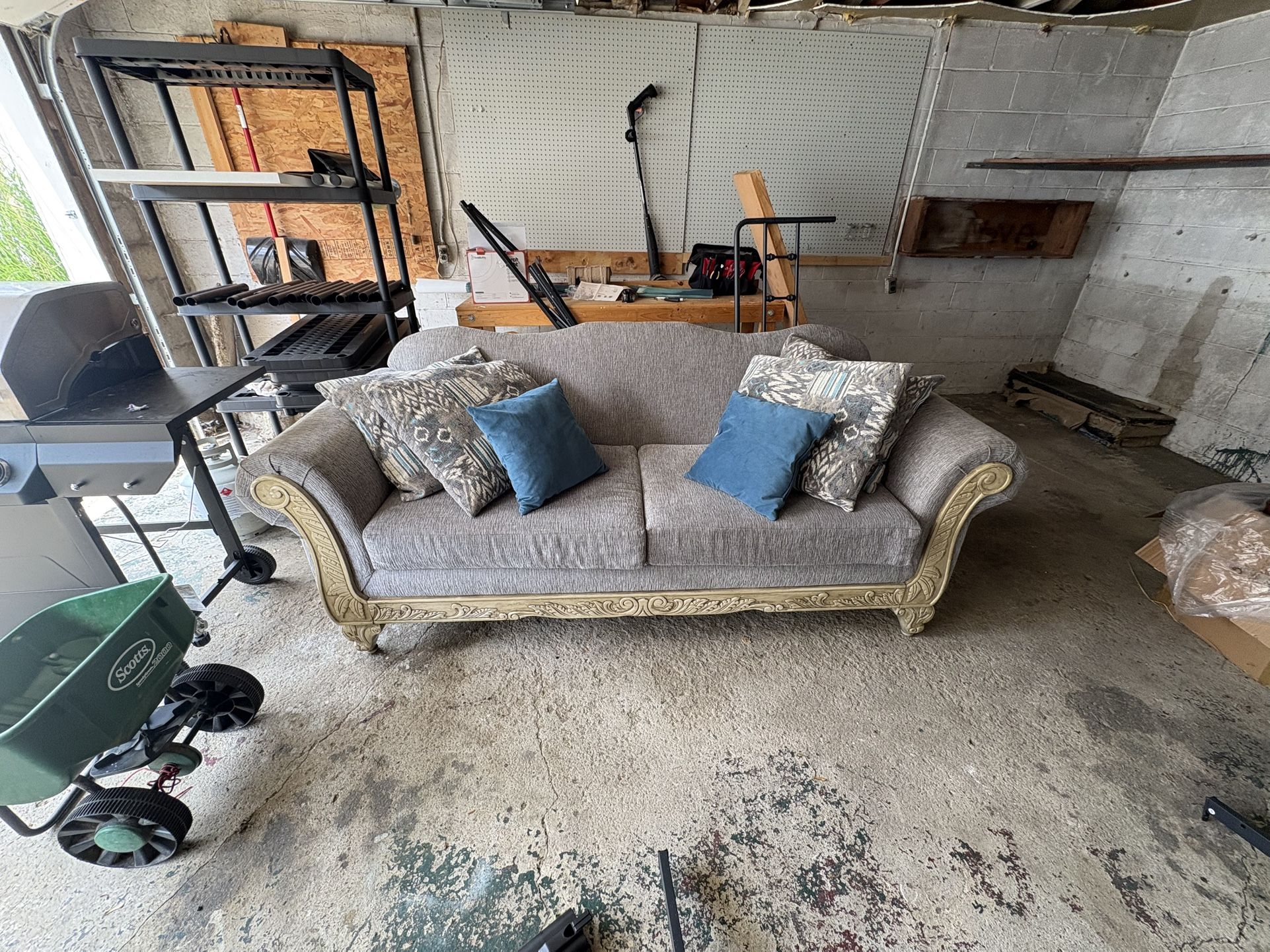 Brand new Wayfair Gray Wood Carven Sofa