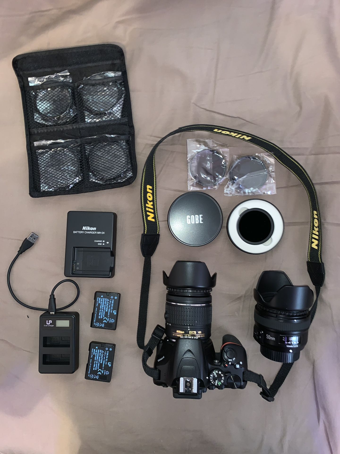 Nikon D3500 DSLR camera with many accessories, 50mm 1.8, ND filter & extras
