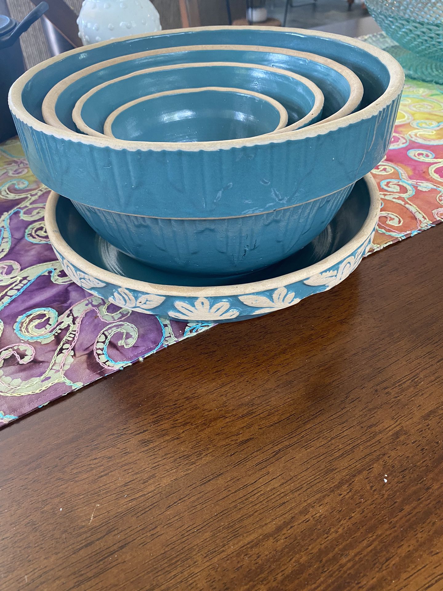 Clay City Pottery Nesting Bowls And Pie Plate. Teal