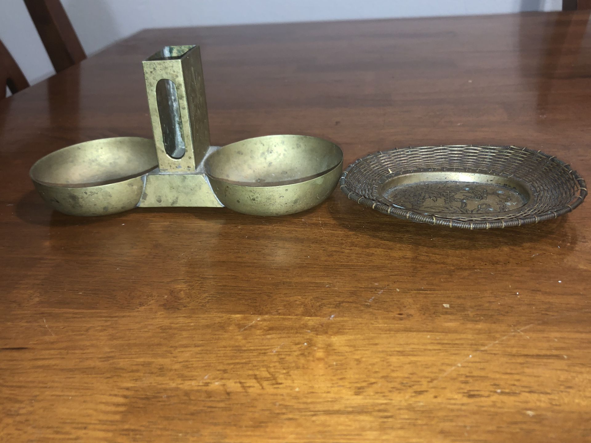 TWO ANTIQUE CHINESE ASHTRAYS ONE IS A DUAL ASHTRAY WITH A MATCH BOX HOLDER IN THE CENTER.