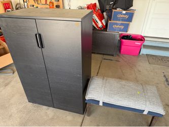 Black Storage Cabinet and Upholstered Bench