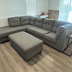 2 Piece Sectional Couch with Chaise Lounger, Storage Ottoman and End Table