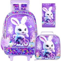 Rolling Backpack For Girls, Cute Rabbit Roller Wheels Kids Bookbag - Wheeled Elementary School Bag - 3PCS Rabbit new selling for only $30