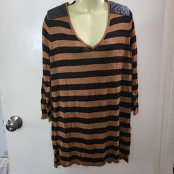 h&m brown beige tan striped 7/8 tunic top faux leather  m medium