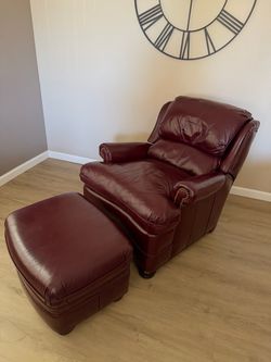 Hancock & Moore Burgundy Leather Recliner + Ottoman in