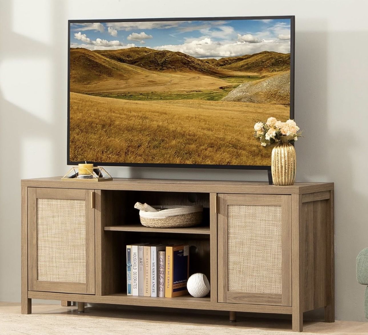 New assembled TV Stand for Living Room Rattan TV Console Cabinet with Storage and Shelf, Boho Entertainment Center, 59" Media Console for 55, 65 Inch