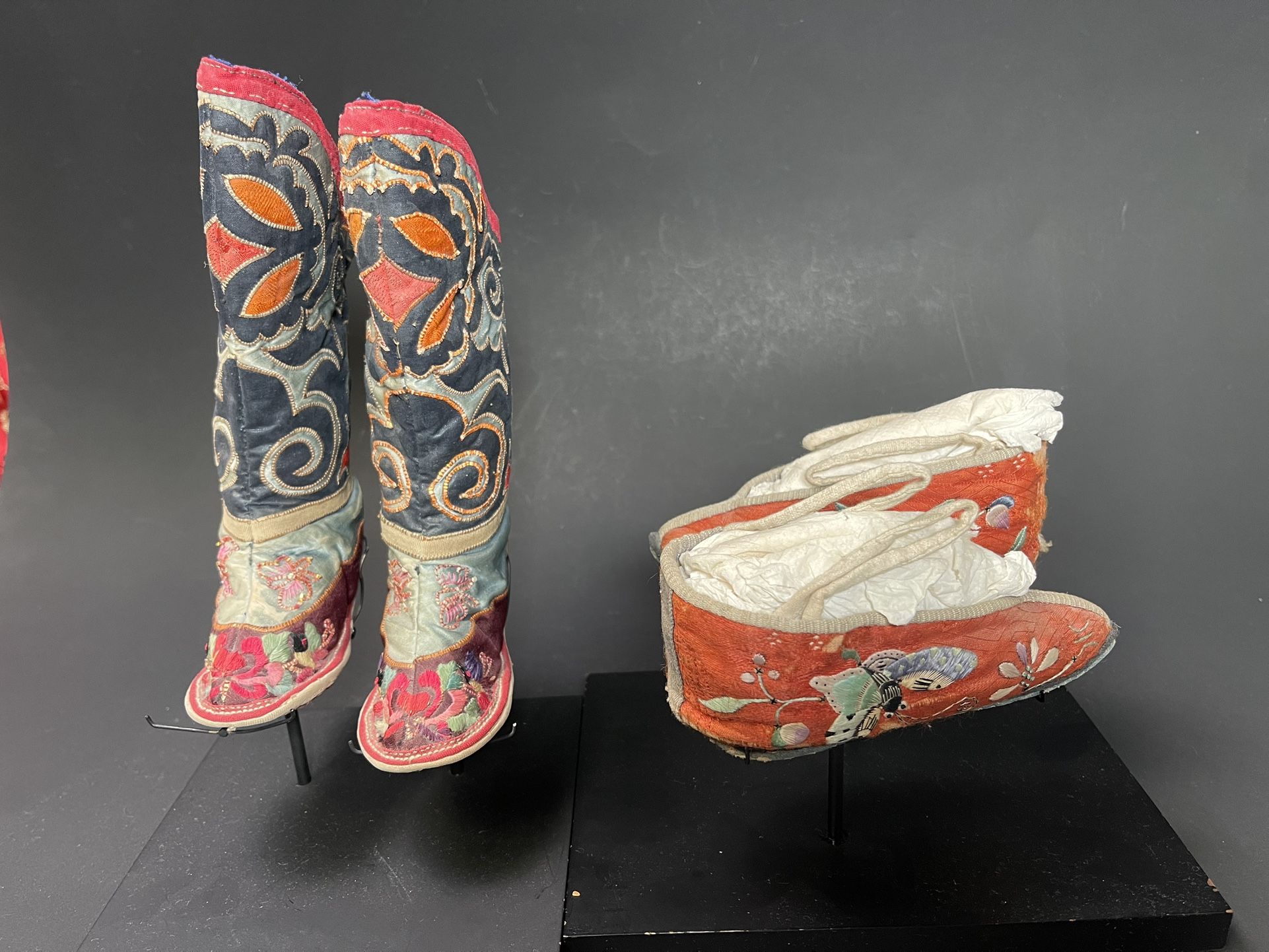 Two Pairs of Chinese Antique Embroidered Lotus Shoes(“Golden Lotus” for Foot-Binding) w/Stands
