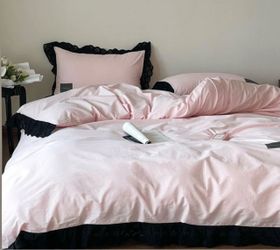 Queen Pink Bedding Set with Black Lace Trim